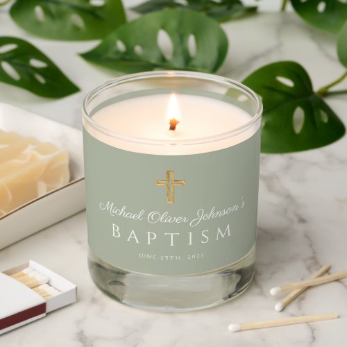 Elegant Sage Green Religious Wood Cross Baptism Scented Candle