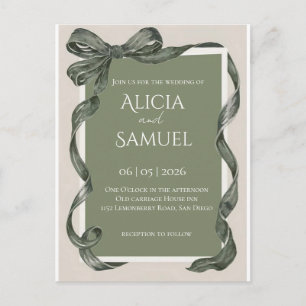 Elegant Sage Green Ribbon Wedding Invitation Postcard