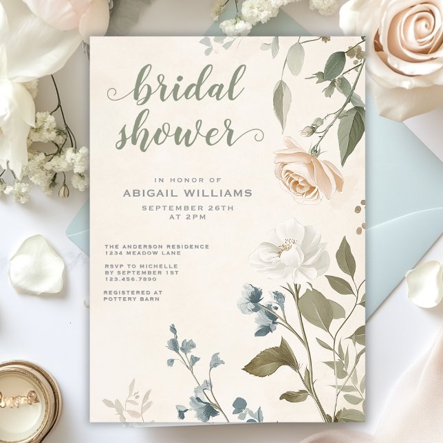 Elegant Sage Green Rose Floral Chic Bridal Shower Invitation (Elegant Sage Green Rose Floral Chic Bridal Shower Invitation)