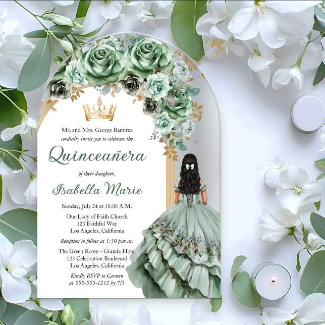 Elegant Sage Green Rose Floral Quinceañera Party Acrylic Invitations (Elegant Sage Green Rose Floral Princess-Theme Brunette Dk Haired Quinceañera Acrylic Invitation)
