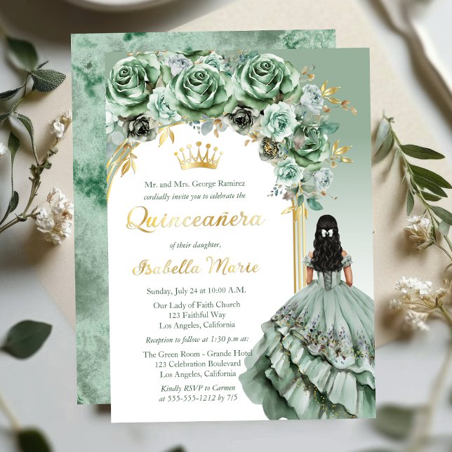 Elegant Sage Green Rose Floral Quinceañera Party Foil Invitation (Elegant Sage Green Rose Floral Princess-Theme Brunette Dk Haired Quinceañera Foil Invitation)