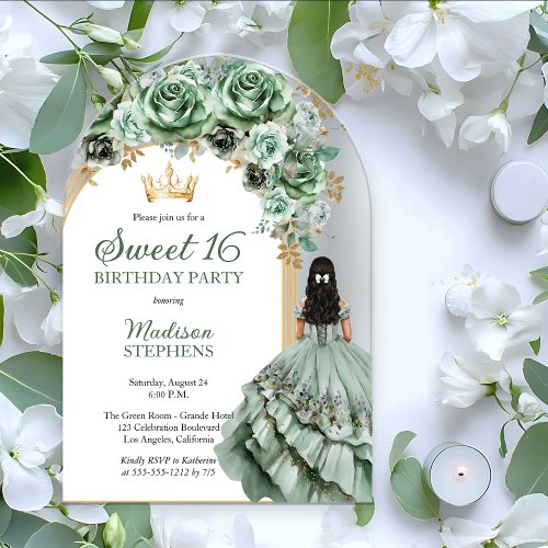 Elegant Sage Green Rose Floral Sweet 16 Party Acrylic Invitations