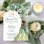 Elegant Sage Green Rose Floral Sweet 16 Party Acrylic Invitations<br><div class="desc">Elegant and classy sage green with gold-tone accents floral bough combined with  an arched white and gold-tone panel on a clear background  "Sweet 16" party design.  Features a dark brown to black-haired brunette brown-skinned beauty in a flowing sage-colored ball gown.  Composite design by Holiday Hearts Designs.</div>