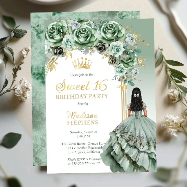 Elegant Sage Green Rose Floral Sweet 16 Party Foil Invitation (Elegant Sage Green Rose Floral Princess-Theme Brunette Dk Haired Sweet 16 Foil Invitation )