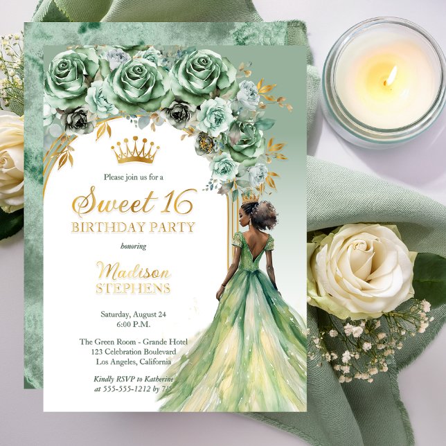 Elegant Sage Green Rose Floral Sweet 16 Party Foil Invitation (Elegant Sage Green Rose Floral Sweet 16 Party Gold Foil Invitation)