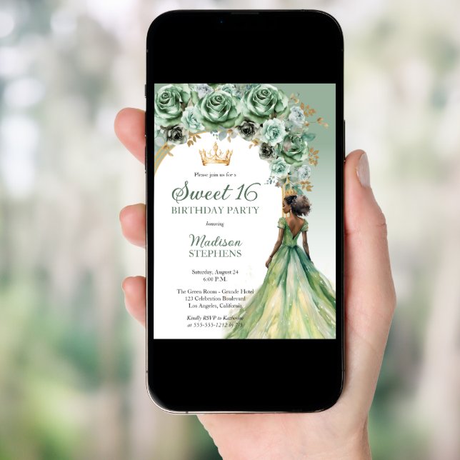Elegant Sage Green Rose Floral Sweet 16 Party Invitation (Front Digital)