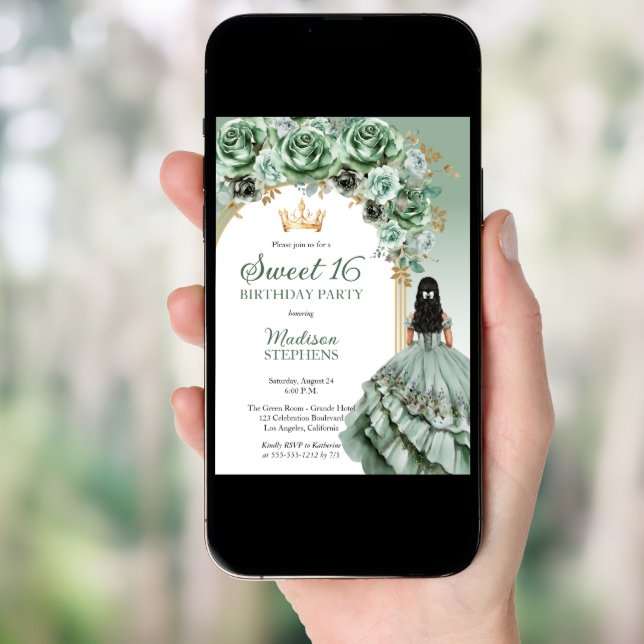 Elegant Sage Green Rose Floral Sweet 16 Party Invitation (Front Digital)