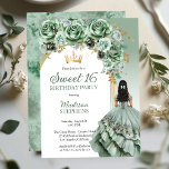 Elegant Sage Green Rose Floral Sweet 16 Party Invitation<br><div class="desc">Elegant and classy sage green with gold-tone accents floral bough combined with an arched panel on a faded sage green background "Sweet 16" birthday party design. Features a dark brown to black-haired brunette beauty in a flowing sage-colored ball gown and a faux alcohol and ink marbled back. Composite design by...</div>