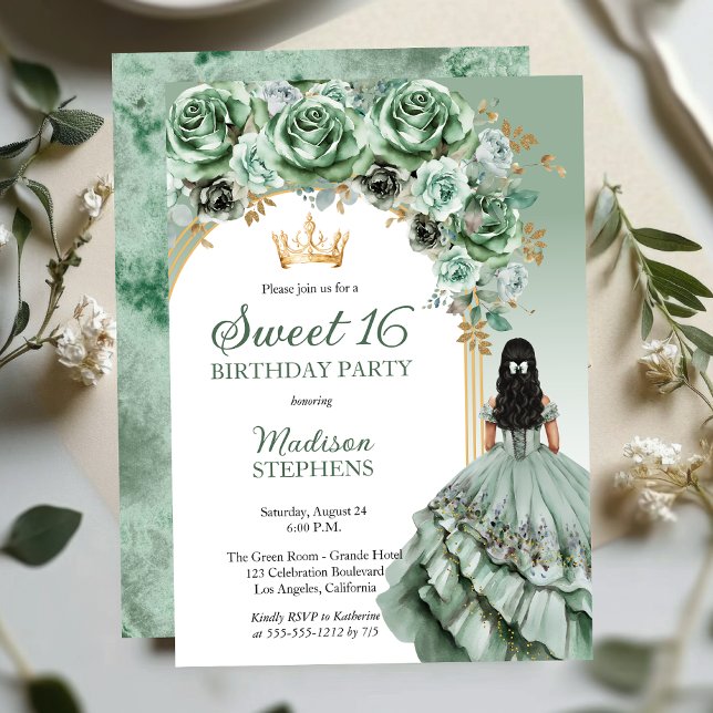 Elegant Sage Green Rose Floral Sweet 16 Party Invitation (Elegant Sage Green Rose Floral Princess-Theme Brunette Dk Haired Sweet 16 Invitation )