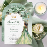 Elegant Sage Green Rose Floral Sweet 16 Party Invitation<br><div class="desc">Elegant and classy sage green with gold-tone accents floral bough combined with  an arched white and gold-tone panel on a clear background  "Sweet 16" party design.  Features a dark brown to black-haired brunette brown-skinned beauty in a flowing sage-colored ball gown.  Composite design by Holiday Hearts Designs.</div>