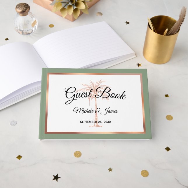 Elegant Sage Green Rose Gold Palm Tree Wedding Guest Book (Front Open)