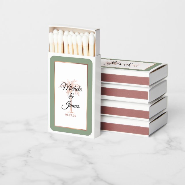 Elegant Sage Green Rose Gold Palm Tree Wedding Matchboxes (Stacked)