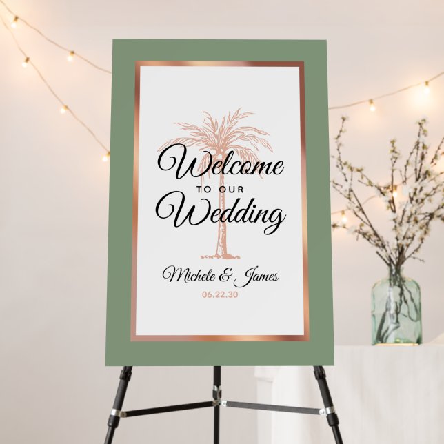 Elegant Sage Green Rose Gold Palm Wedding Welcome Foam Board (In Situ (Stand))