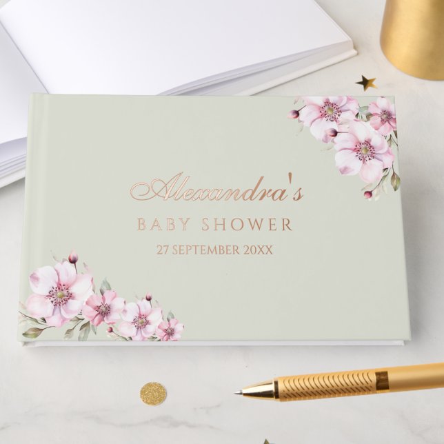 Elegant Sage Green Roses Floral Baby Shower Foil Guest Book (Creator Uploaded)