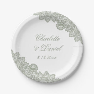 Elegant Sage Green Rustic Floral Lace Wedding Paper Plates