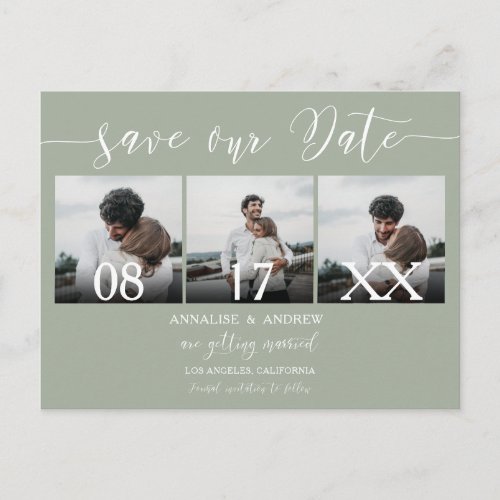 Elegant sage green script 3 photos save the date postcard