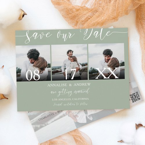 Elegant sage green script 4 photos save the date postcard