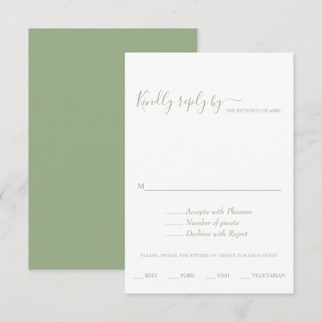 Elegant sage green script calligraphy wedding RSVP card (Front/Back)