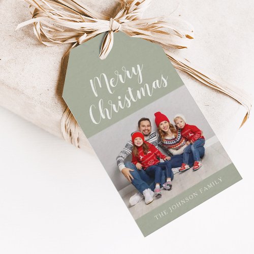 Elegant Sage Green Script Christmas Photo Gift Tags