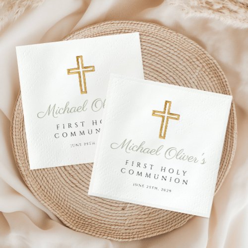 Elegant Sage Green Script Cross First Communion