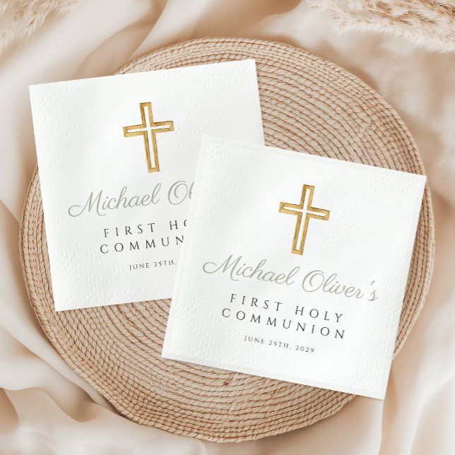 Elegant Sage Green Script Cross First Communion Napkins (Elegant Sage Green Script Cross First Communion Napkins)