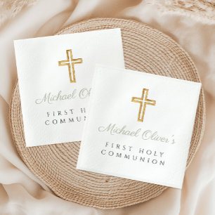 Elegant Sage Green Script Cross First Communion Napkins