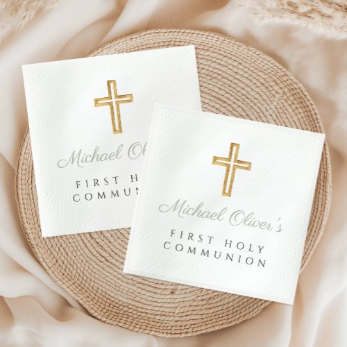 Elegant Sage Green Script Cross First Communion