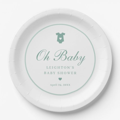 Elegant Sage Green Script Girls Oh Baby Shower  Paper Plates