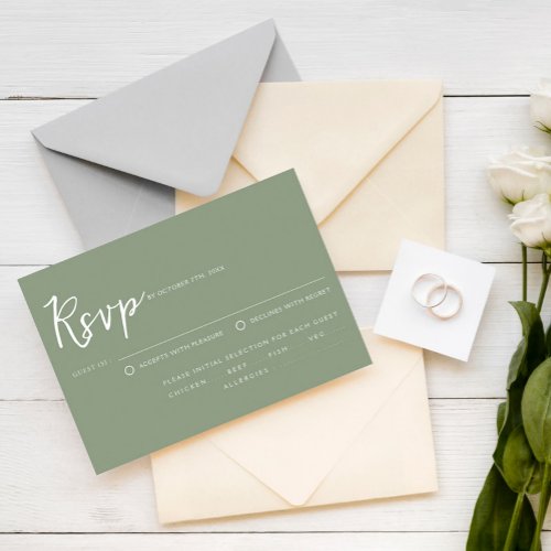 Elegant Sage Green Script Meal Choice Wedding RSVP Card