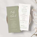 Elegant Sage Green Script Minimal Wedding Program<br><div class="desc">Our elegant sage green slim wedding program card design is perfect for your minimalist wedding celebration. A beautiful white calligraphy script font paired with simple and clean text sits on a green background to the front of the card. The white reverse has tonal green text, creating an elevated look to...</div>