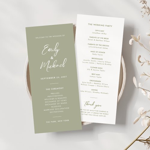 Elegant Sage Green Script Minimal Wedding Program