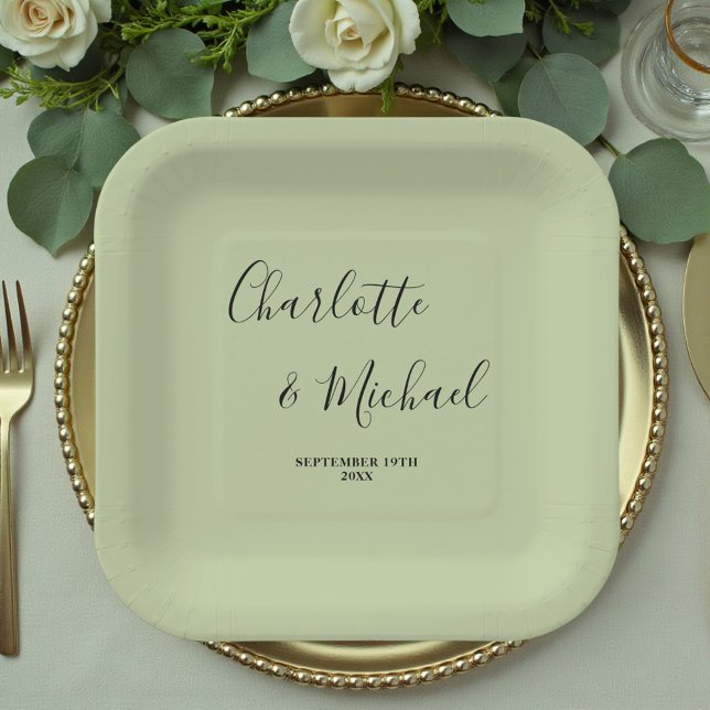 Elegant Sage Green Script Minimalist Wedding Paper Plates (Creator Uploaded)