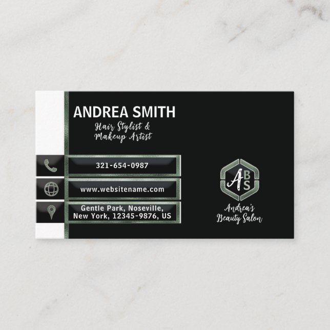 Elegant Sage Green Script Modern Minimal Metallic Business Card (Front)