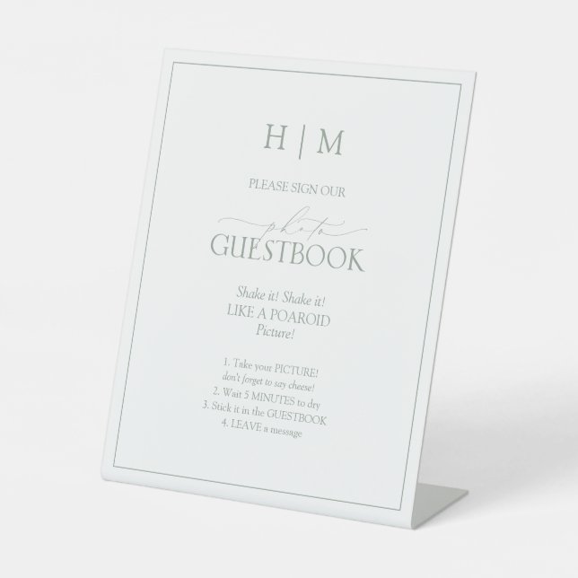 Elegant Sage Green Script Monogram Photo Guestbook Pedestal Sign (Front)