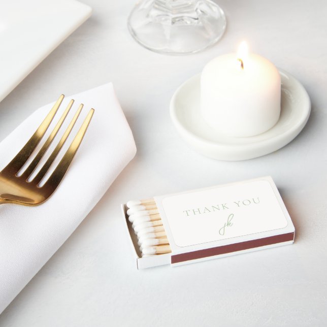 Elegant Sage Green Script Monogram Wedding Matchboxes (Insitu)