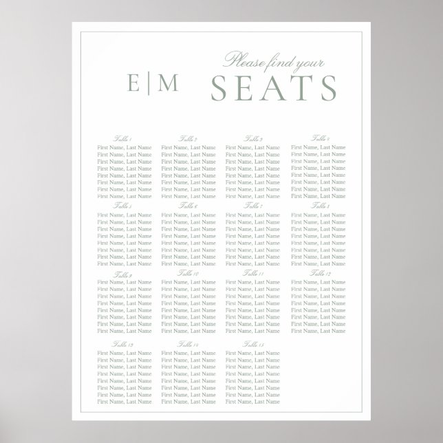 Elegant Sage Green Script Monogram Wedding Seat Poster (Front)