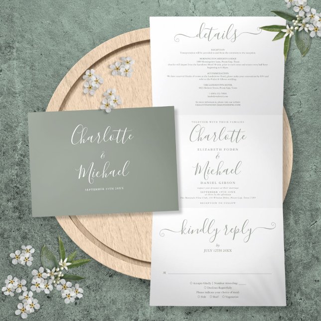  Elegant Sage Green Script Monogram Wedding Tri-Fold Invitation (Elegant Sage Green Script Monogram Wedding Tri-Fold Invitation)