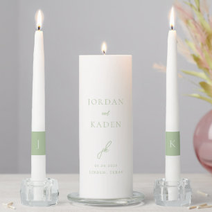 Elegant Sage Green Script Monogram Wedding Unity Candle Set