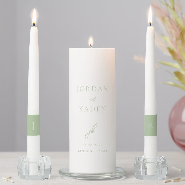 Elegant Sage Green Script Monogram Wedding Unity Candle Set (In Situ)