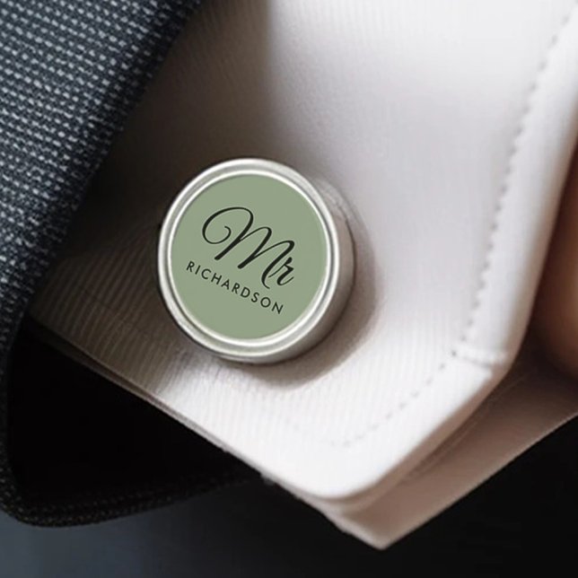 Elegant Sage Green Script Mr. Husband Family Name Cufflinks (Creator Uploaded)