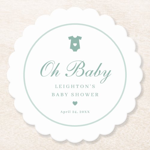 Elegant Sage Green Script Oh Baby Shower  Paper Coaster