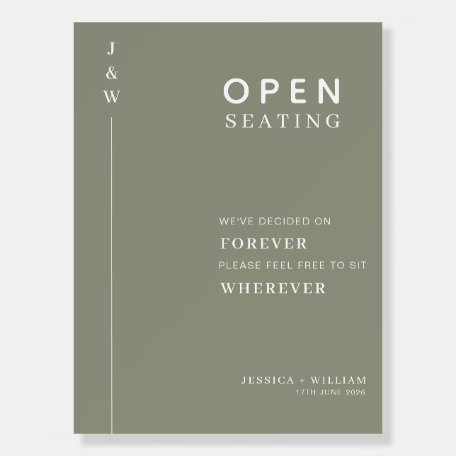 Elegant Sage Green Script Open Seating Wedding  Foam Board (Front)