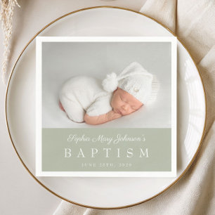 Elegant Sage Green Script Photo Baptism Napkins