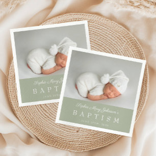 Elegant Sage Green Script Photo Baptism Napkins