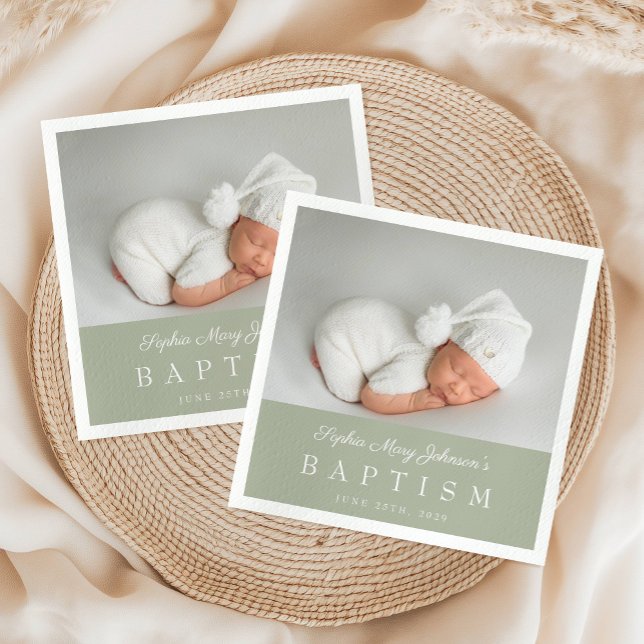 Elegant Sage Green Script Photo Baptism Napkins (Elegant Sage Green Script Photo Baptism Napkins)