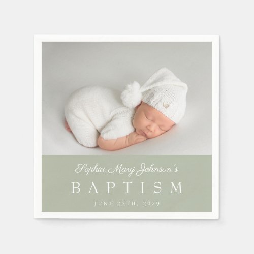 Elegant Sage Green Script Photo Baptism Napkins