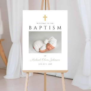 Elegant Sage Green Script Photo Baptism Welcome Foam Board