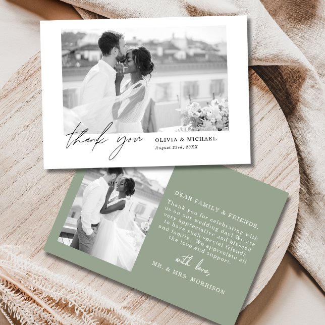 Elegant Sage Green Script Photo Wedding Thank You  Card (Creator Uploaded)