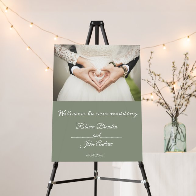 Elegant Sage Green Script Photo Wedding Welcome  Foam Board (In Situ (Stand))