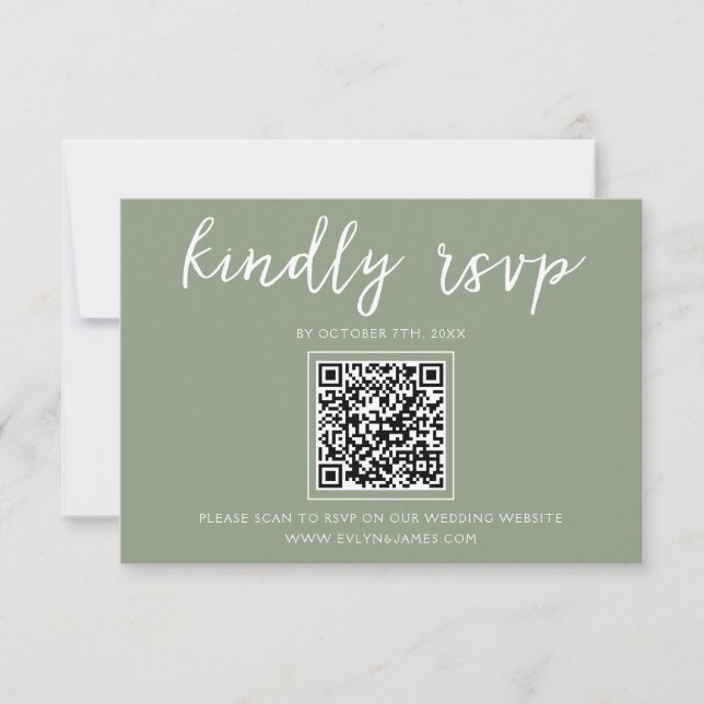 Elegant Sage Green Script QR Code Wedding Website  RSVP Card (Front)